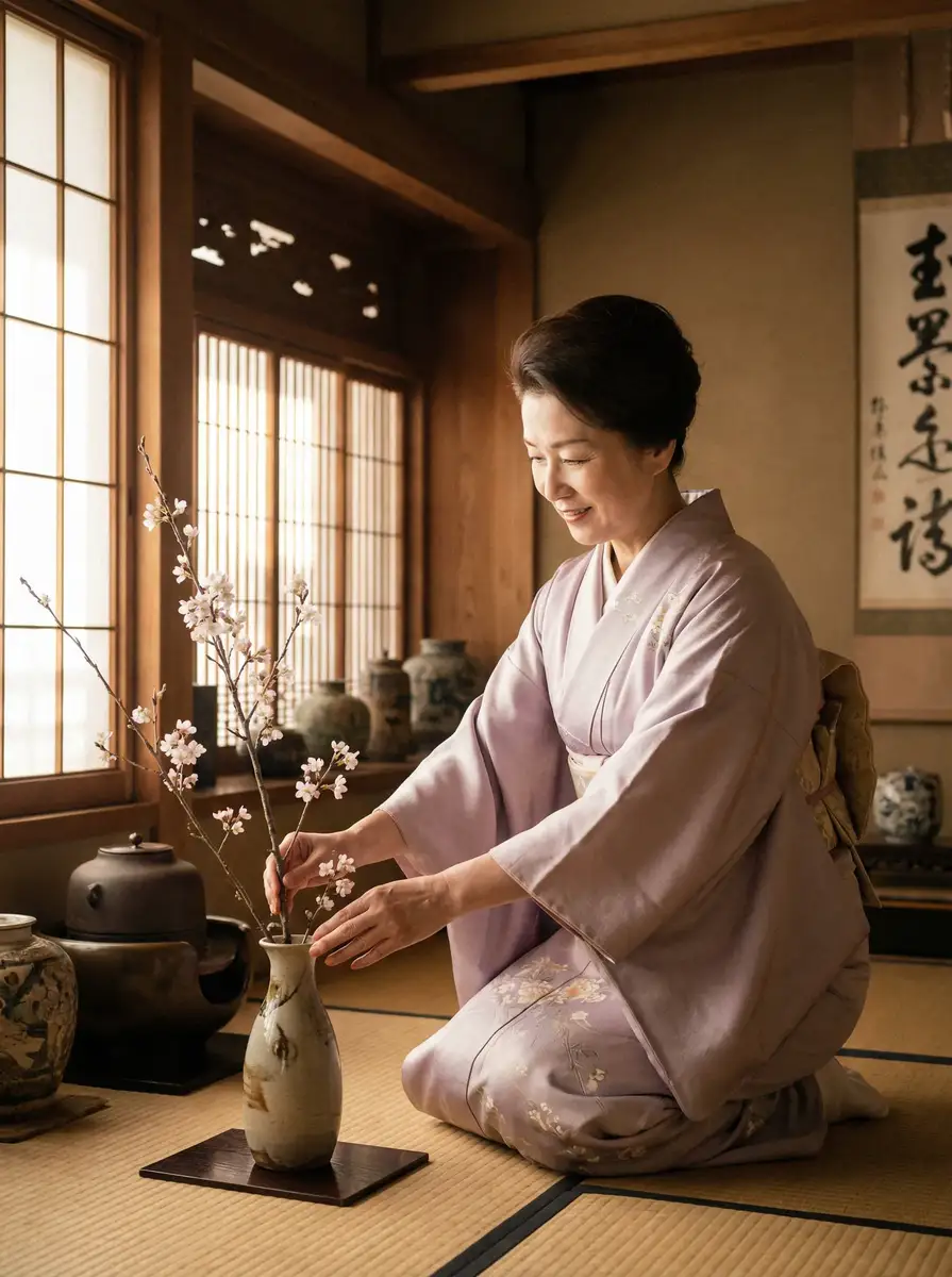 一位优雅的 蜜桃视频 在和室中插花