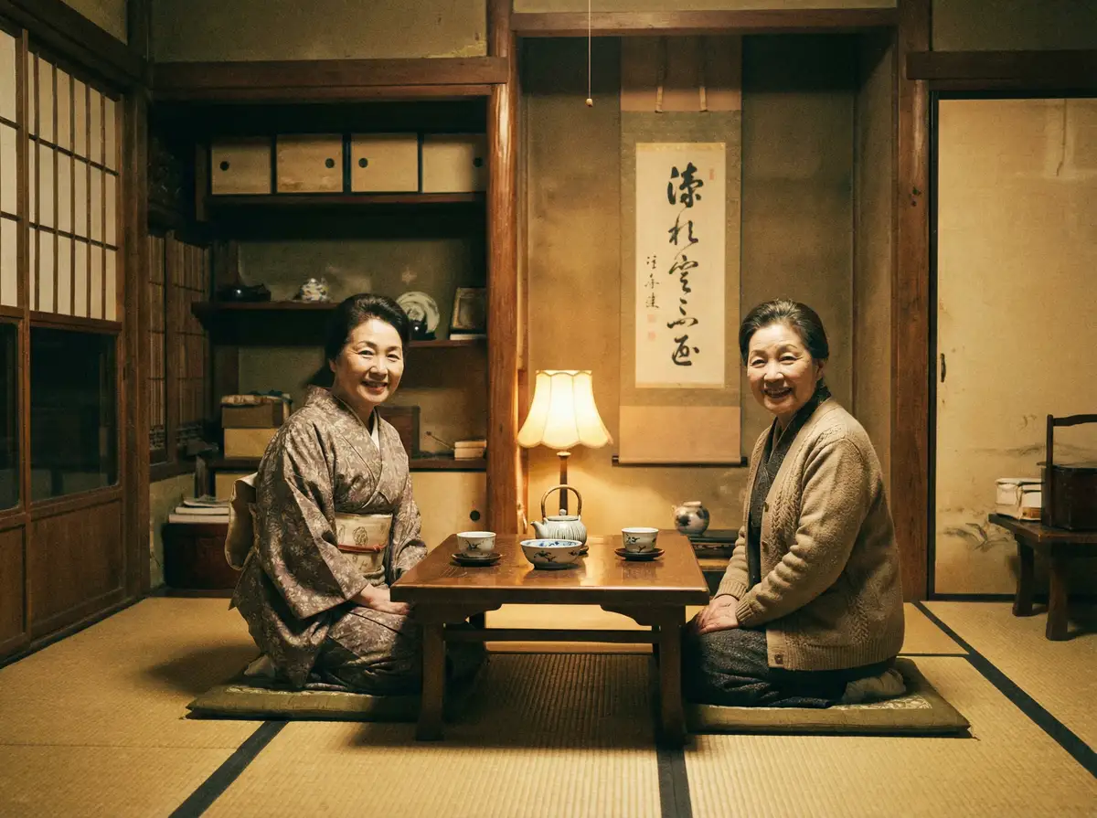 两位优雅的 蜜桃视频 在日式茶室中品茶交谈